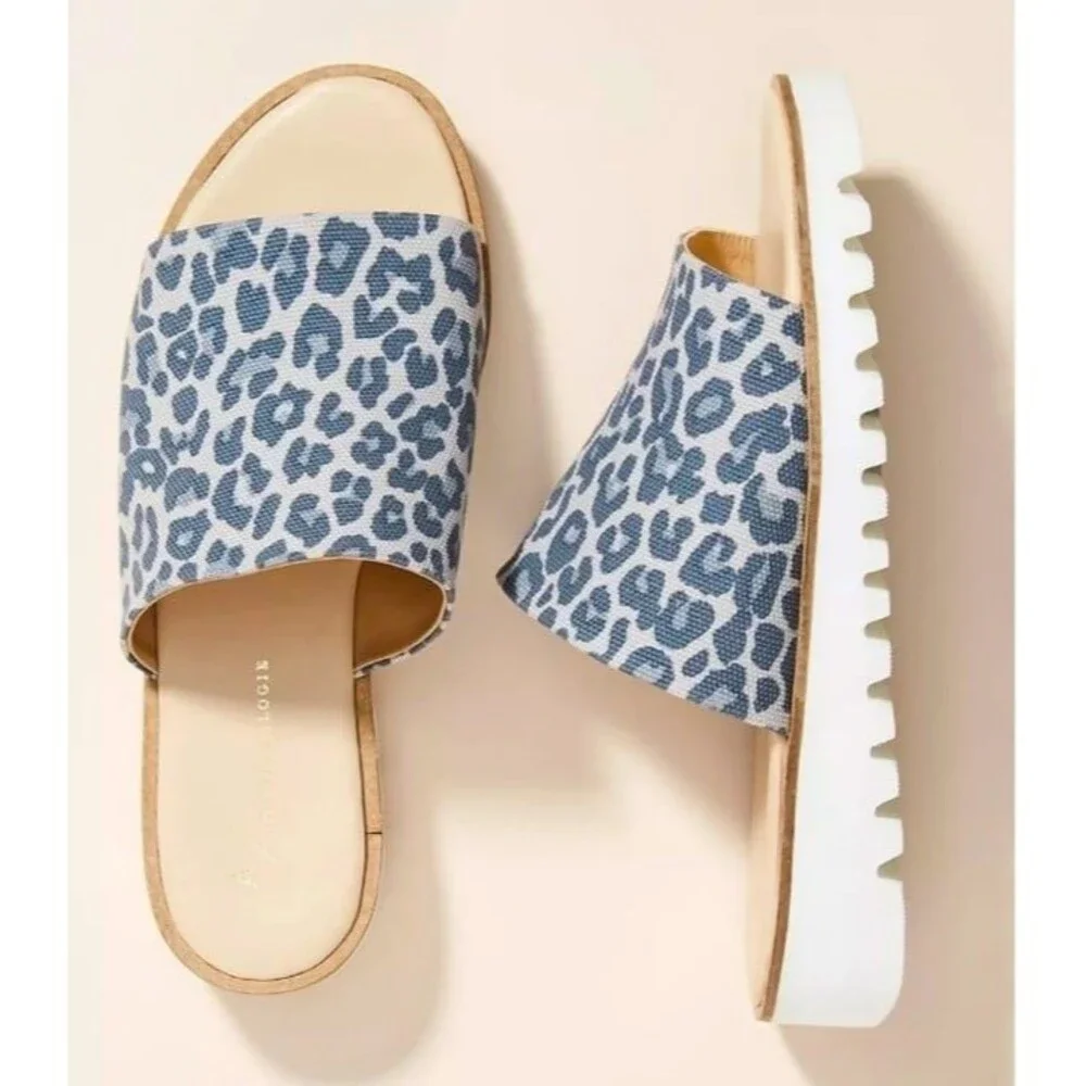 Anthropologie Cady Sport Slides Black Leopard Print Sandals Size 9.5 41